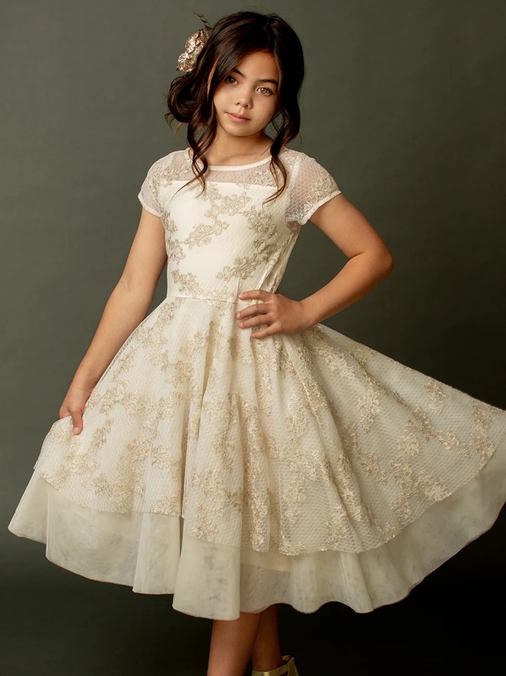 Girls' Ivory & Gold Lace Party Dress